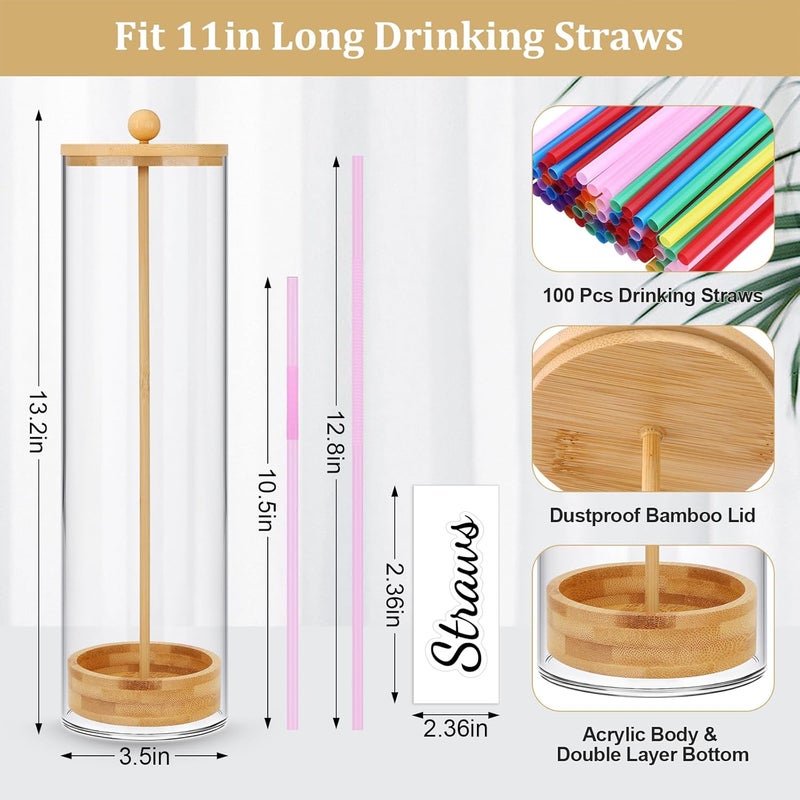 JYPS Acrylic Straw Holder 100 Pcs Colored Straws Includ, 13 Inch Clear Drinking Straw Organizer Container with Bamboo Lid & Sticker for Plastic Straws, Straw Organizer for Kitchen - Image 2